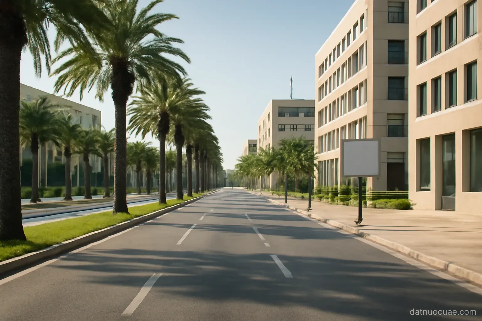 A wide boulevard with palm trees and modern government buildings, daytime, no readable text