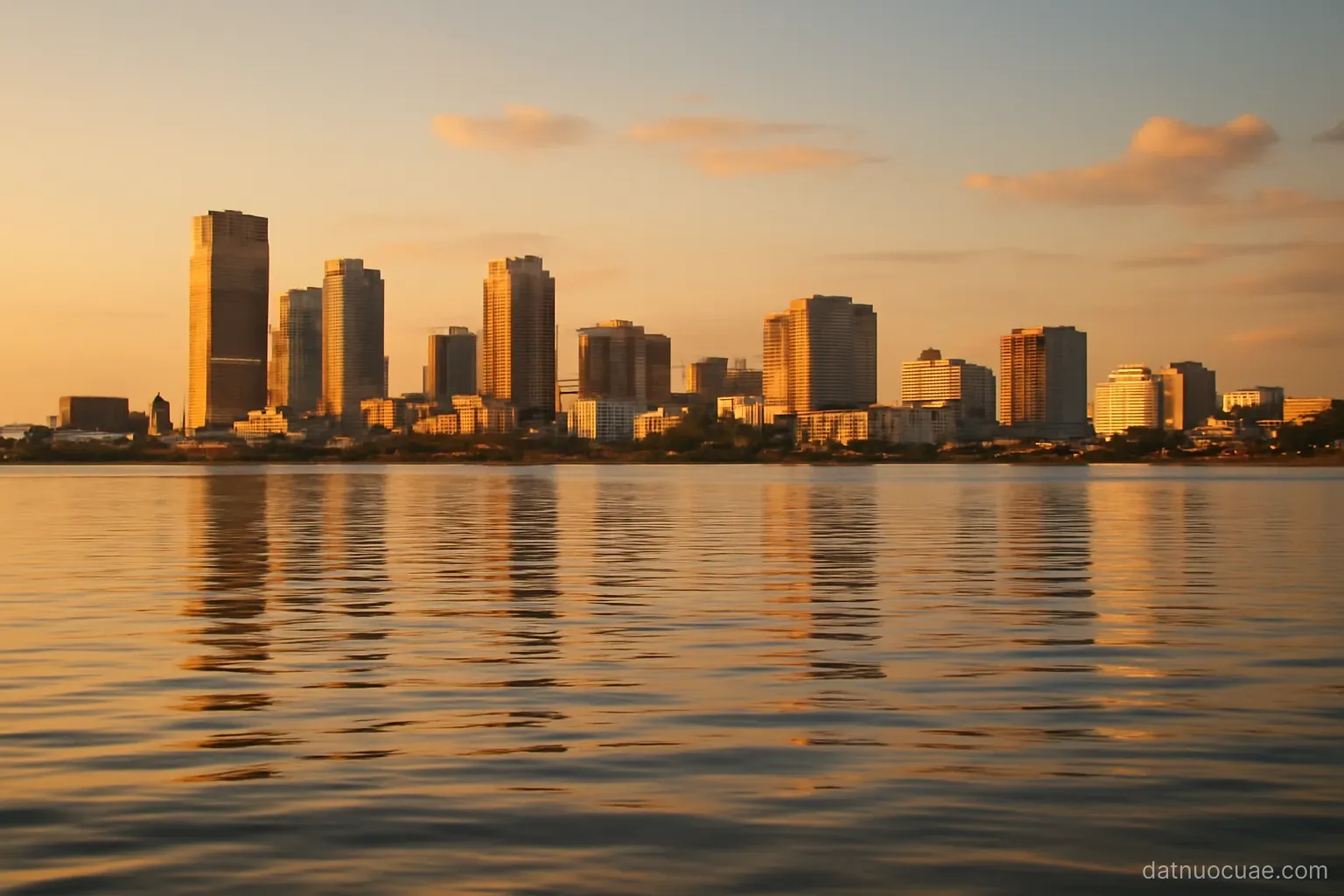 A coastal city skyline seen across calm water at golden hour, wide view, no readable text