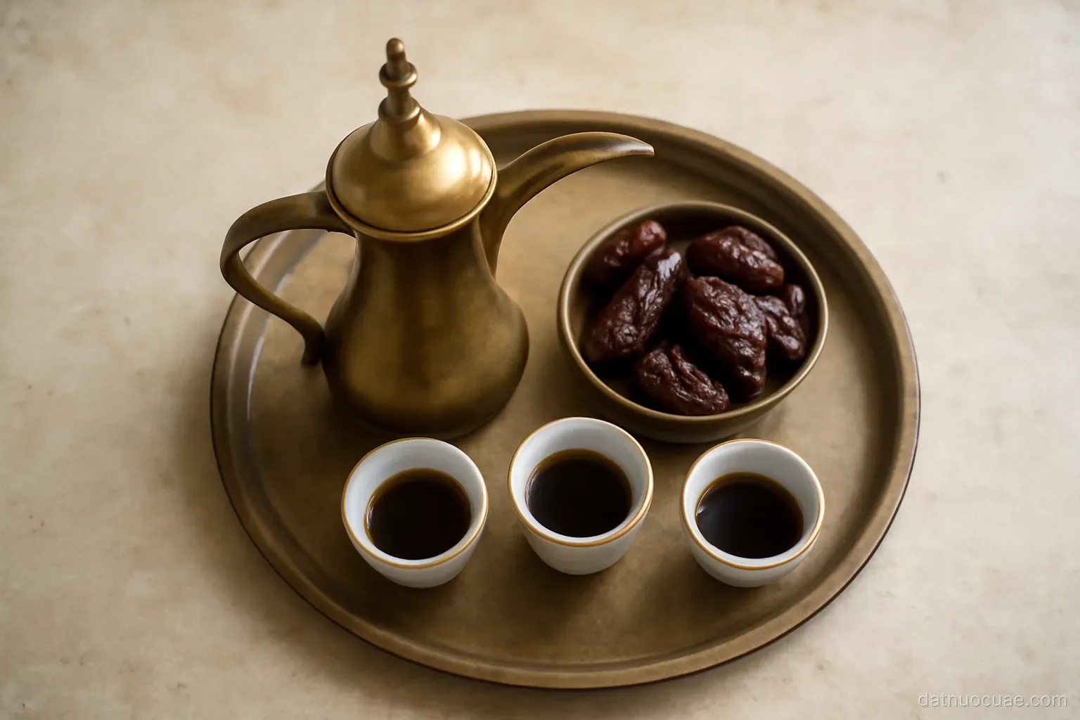 A brass coffee pot and small cups with a bowl of dates on a tray, top-down view, no text