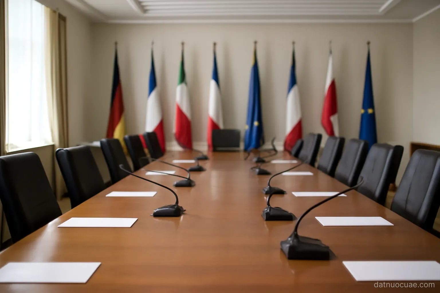 A formal meeting room with a long table and flags along the wall, wide view, no readable text