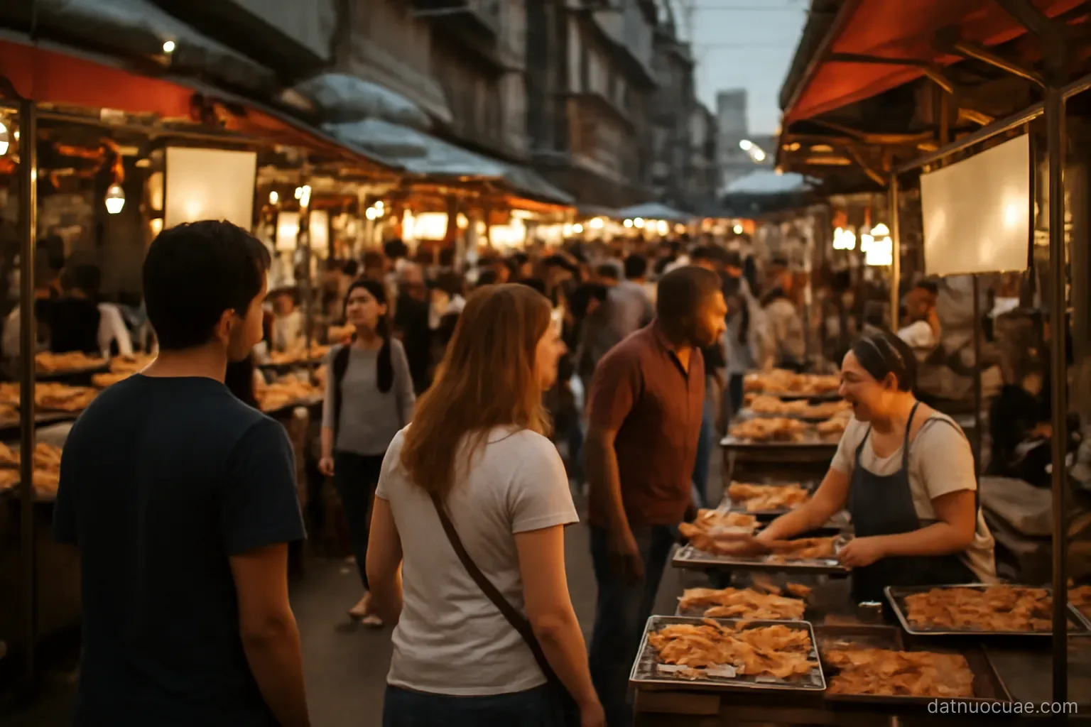 A busy multicultural street market with food stalls in the evening, wide view, no readable text