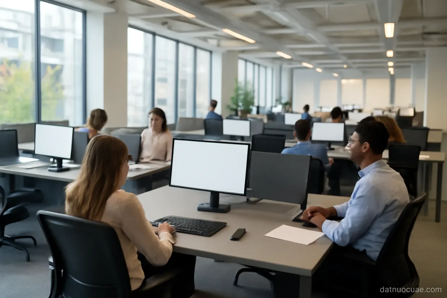 A modern open-plan office with people at workstations, wide interior view, no readable text