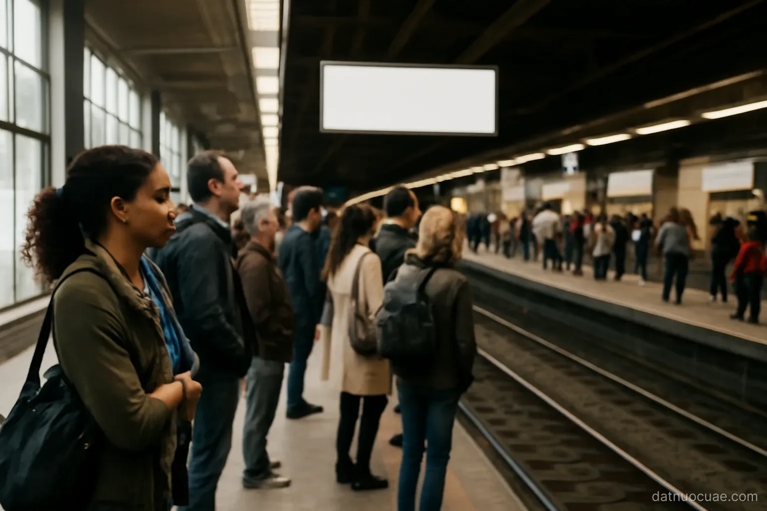 A crowded city metro platform with commuters waiting, wide shot, no readable text