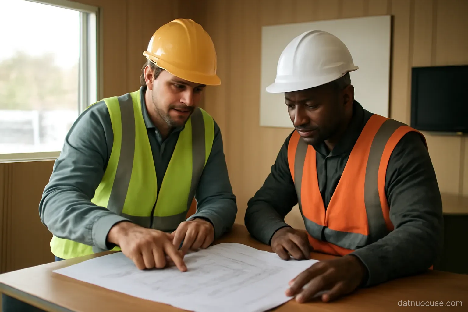Construction workers in helmets reviewing plans at a site office, mid shot, no readable text