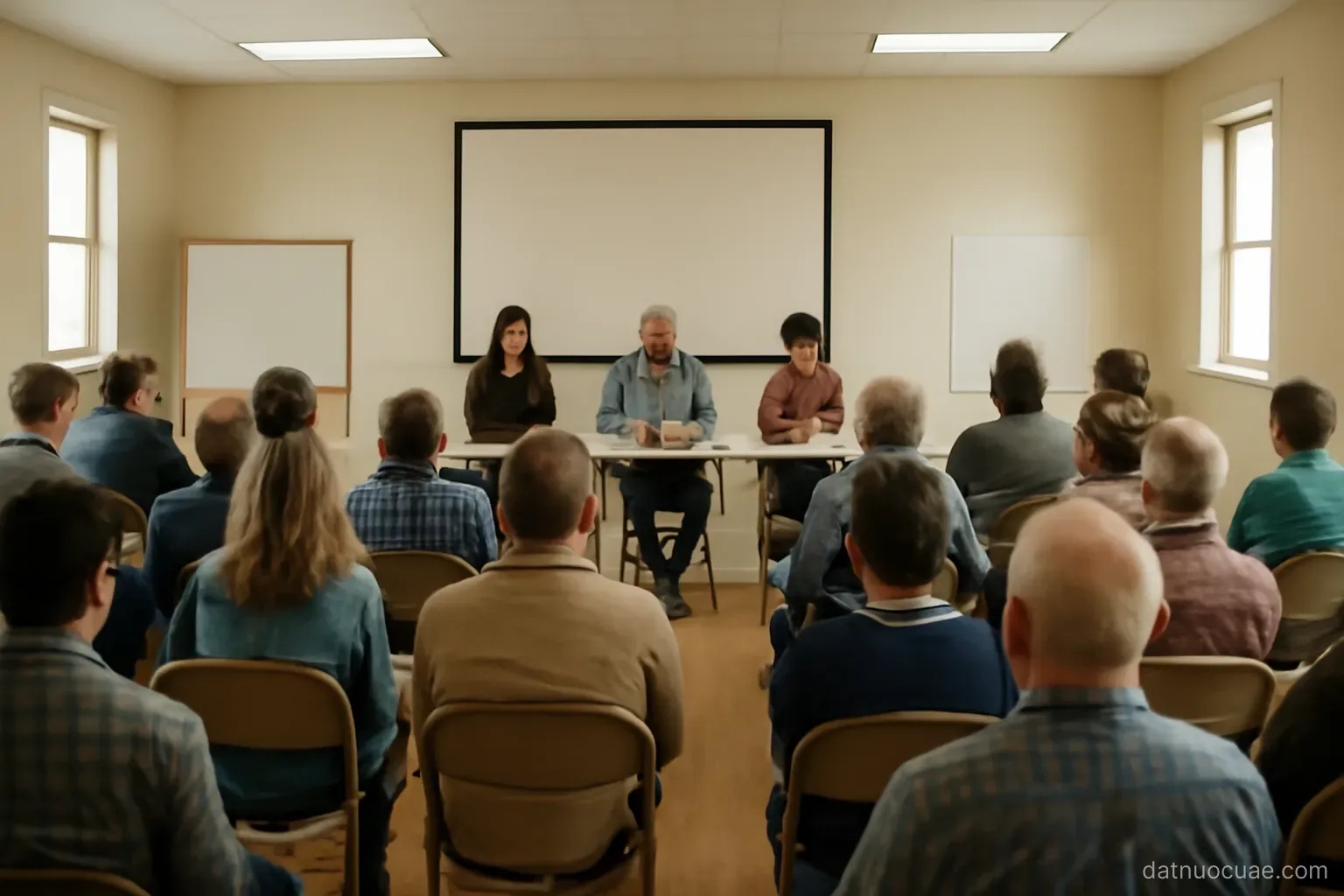 A group of people gathered at a community meeting in a hall, wide interior view, no readable text