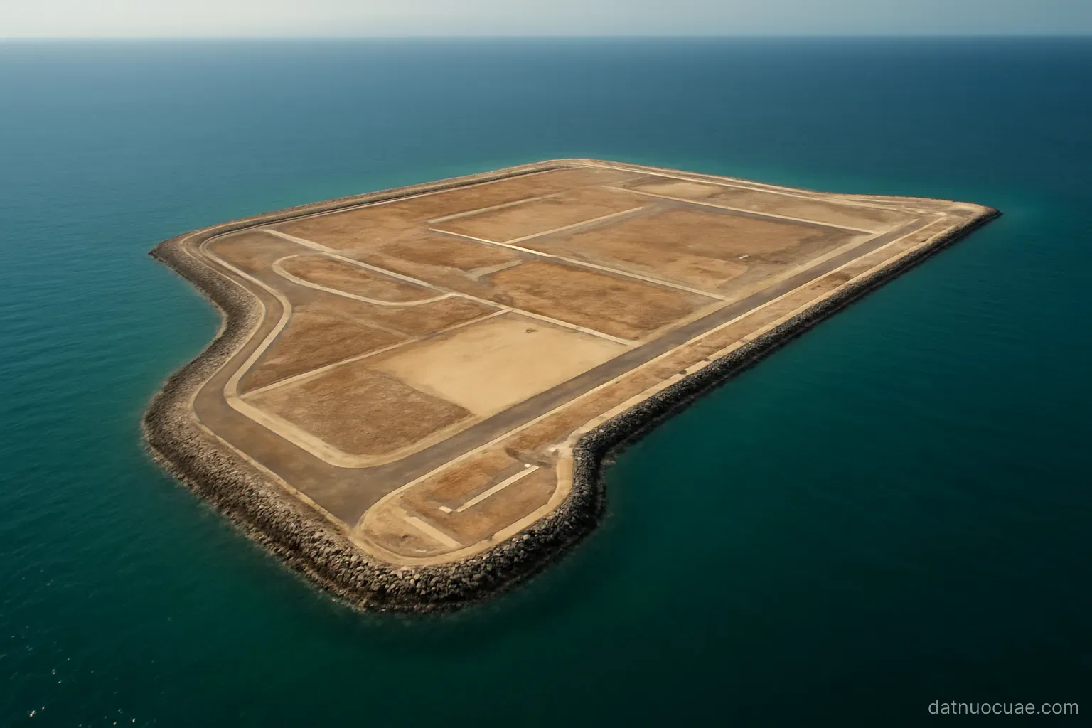 An aerial view of a large man-made peninsula extending into the sea, no readable text