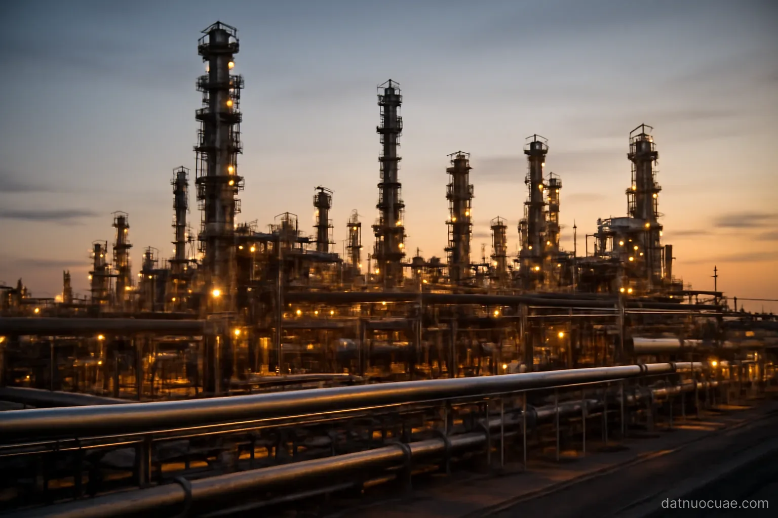 Industrial oil refinery towers and pipelines at dusk, wide view, no readable text