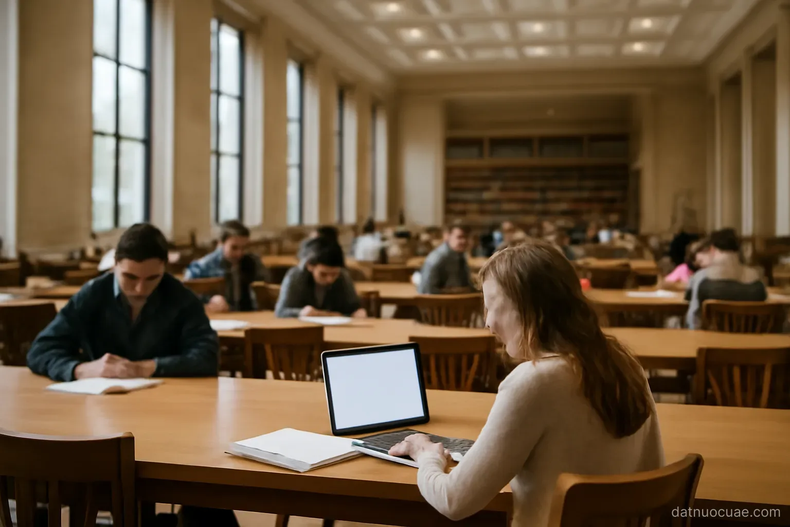 A university library reading room with students at long tables, wide interior view, no readable text