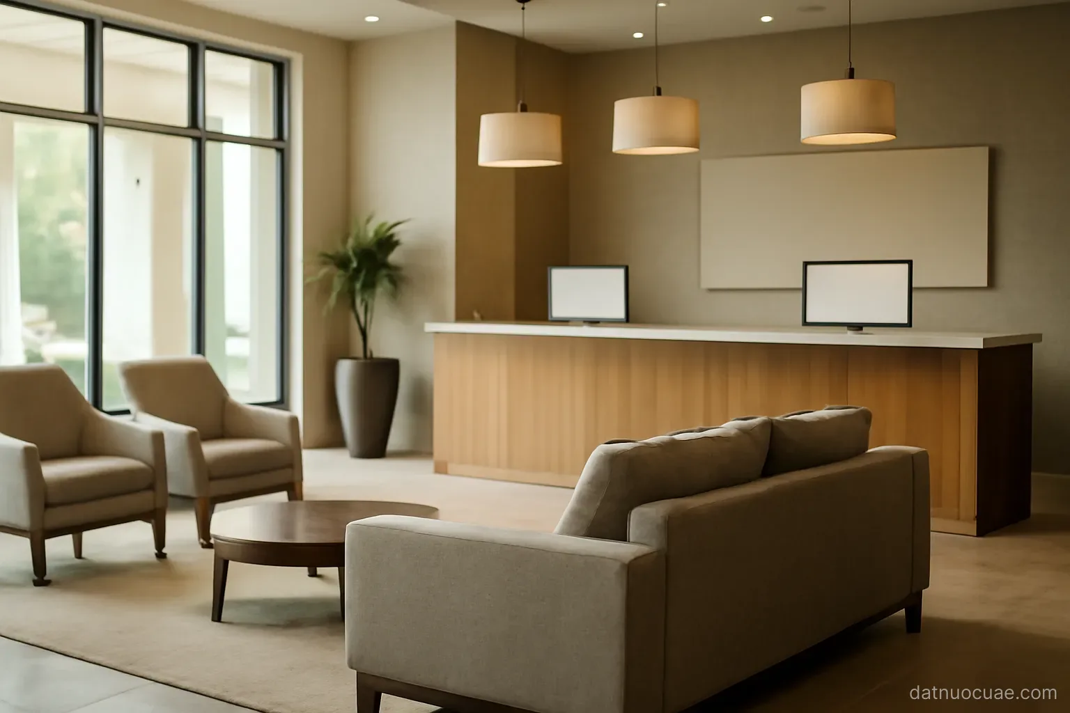 A hotel lobby with reception desk and seating area, wide interior view, no readable text