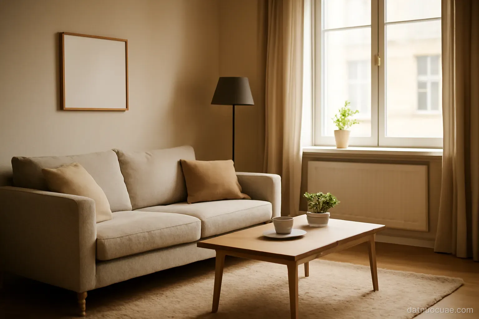 A family apartment living room with a sofa and window light, interior view, no readable text
