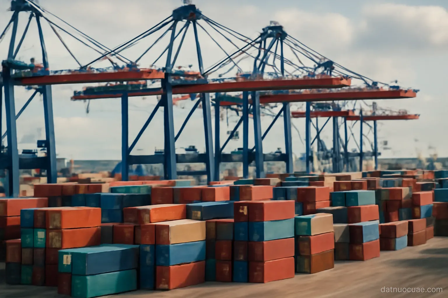 Container cranes and stacked shipping containers at a large port, wide view, no readable text
