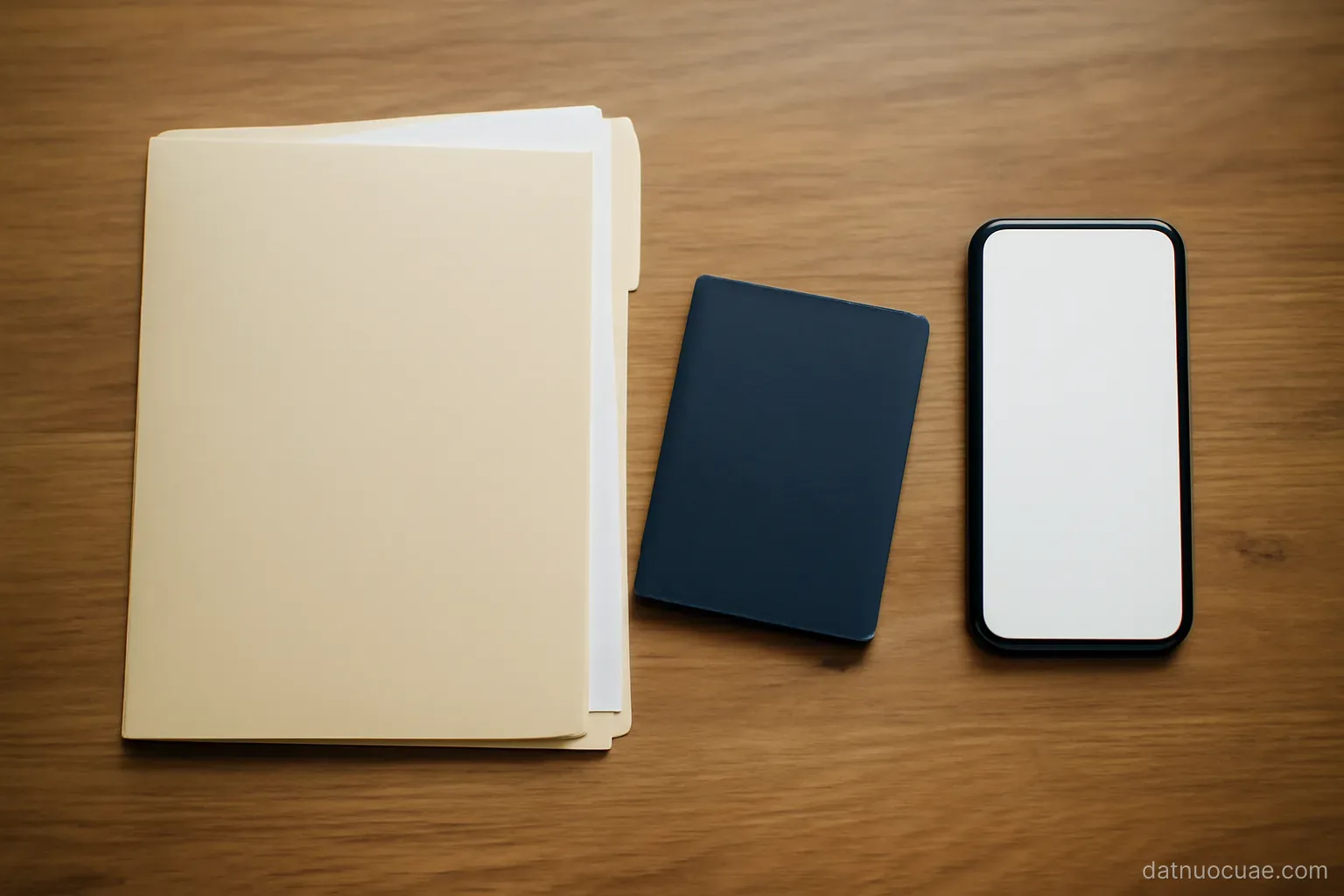 A folder of documents and a passport on a desk beside a phone, top-down view, no readable text