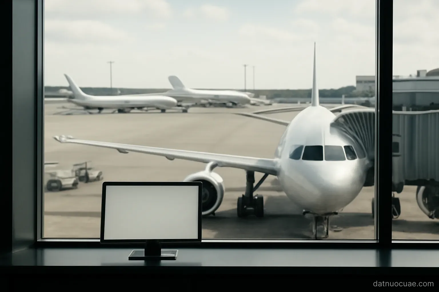 An airport apron with aircraft parked at gates seen from a terminal window, no readable text