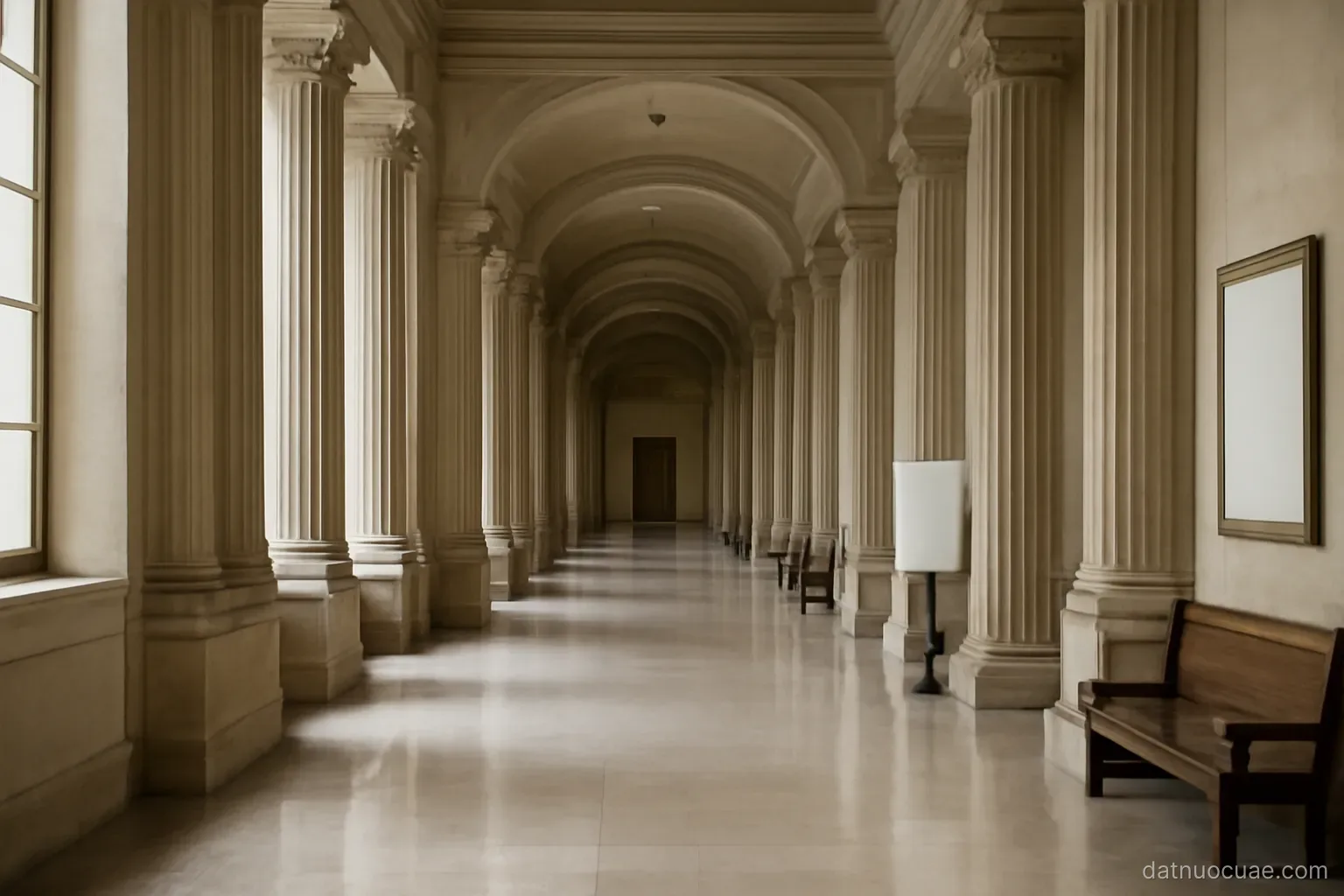 A courthouse corridor with tall columns and polished floor, wide view, no readable text