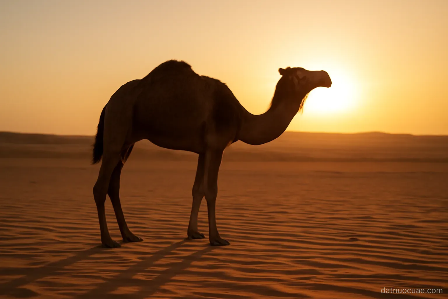 A camel standing on sand at sunrise with long shadow, side view, no text