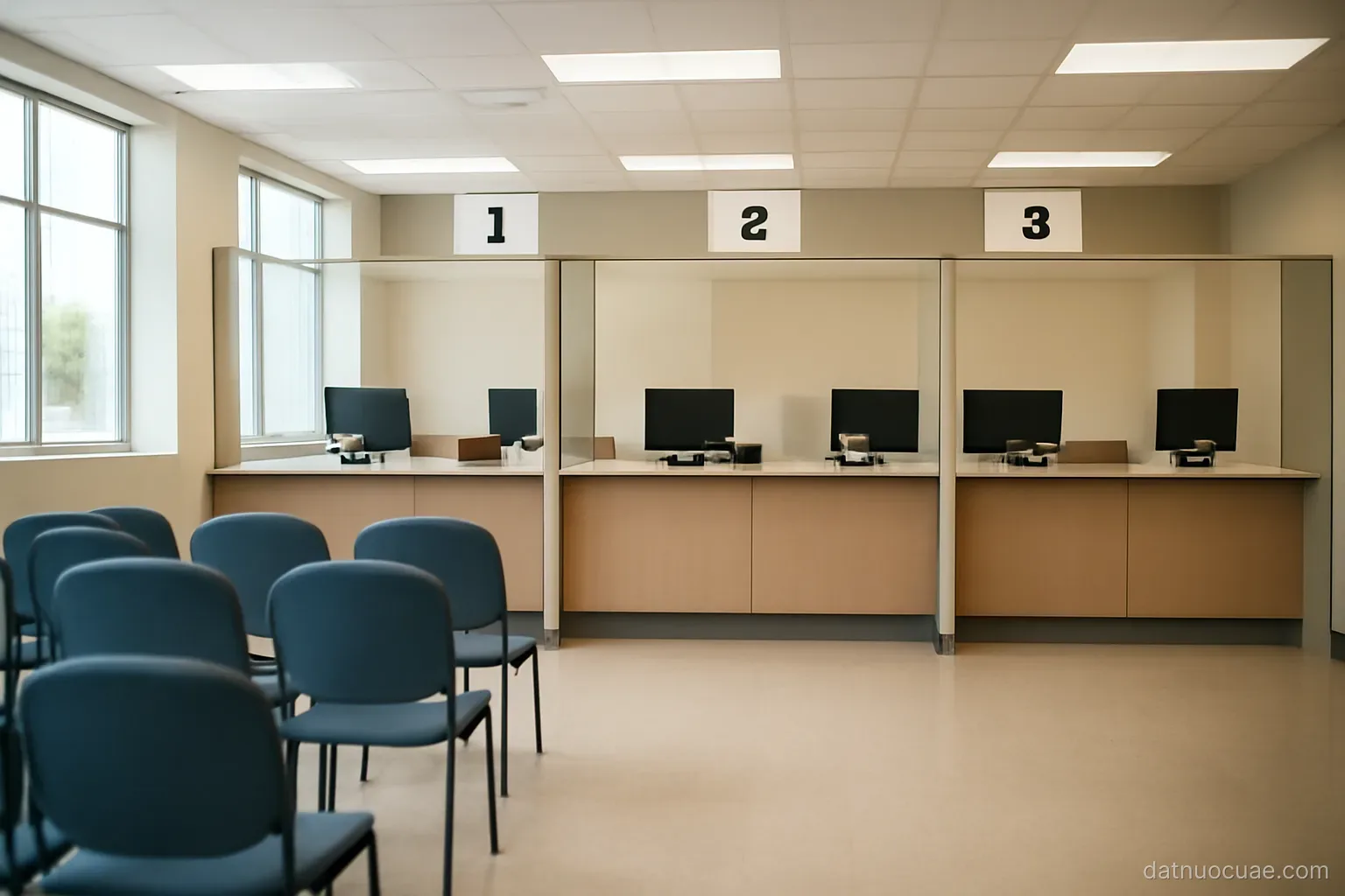 A government service centre waiting area with numbered counters, wide interior view, no readable text