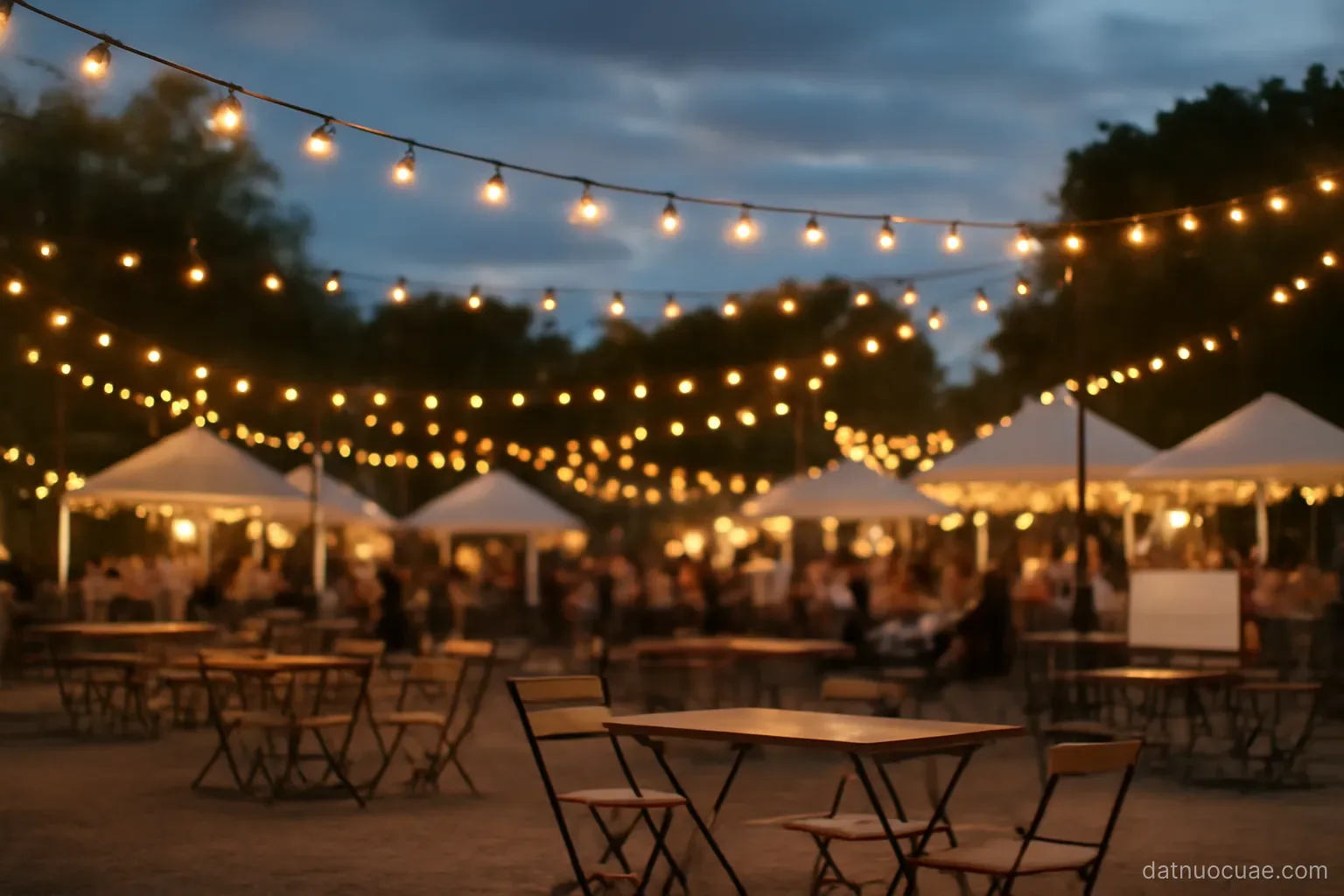 An outdoor evening festival area with string lights and seating, wide view, no readable text