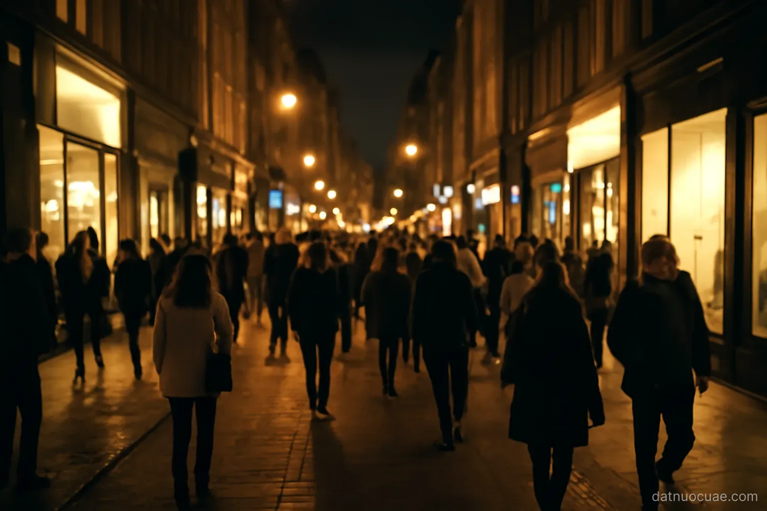 A city street busy with people and lit shopfronts late at night, wide view, no readable text