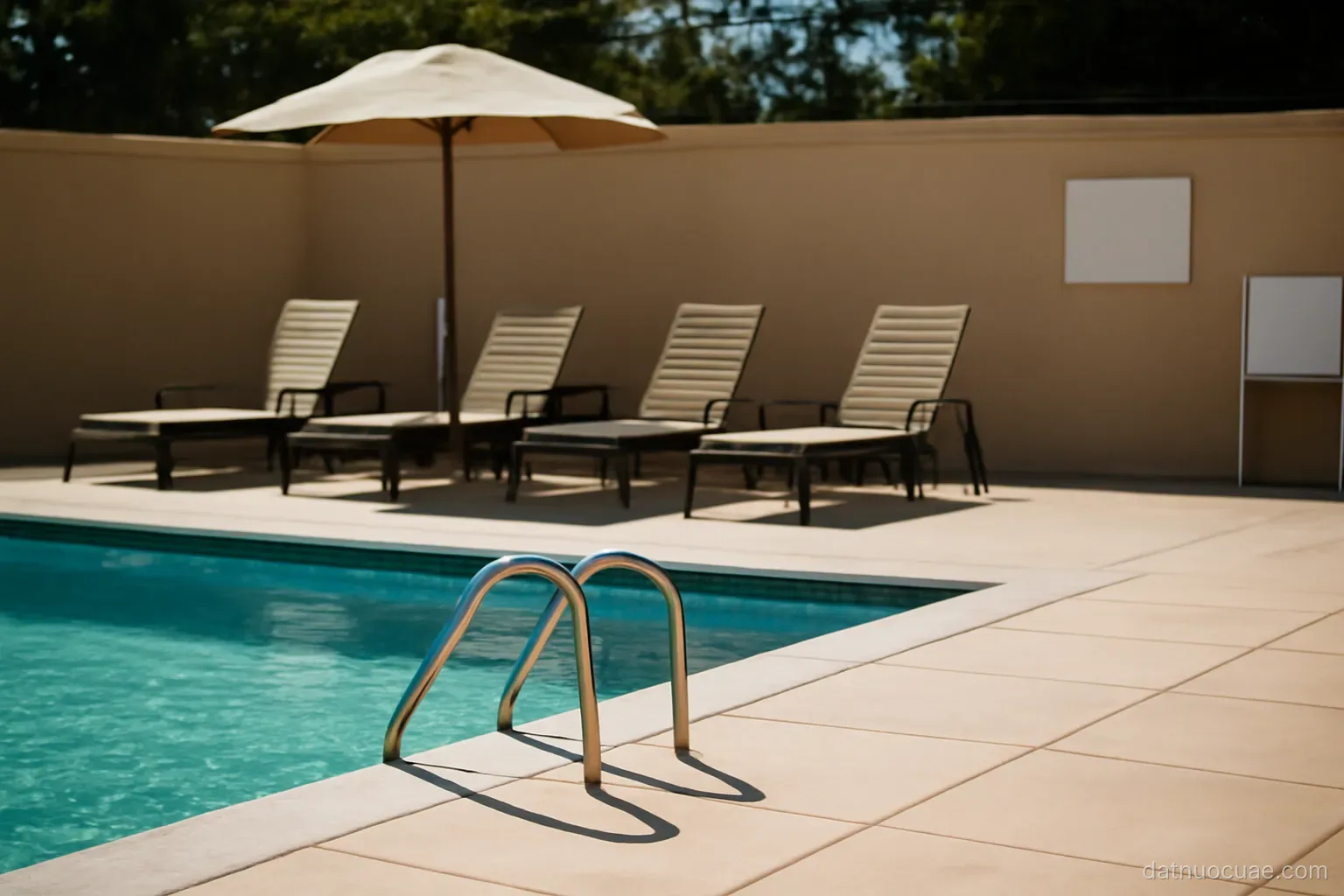 An empty outdoor swimming pool area at midday with strong sunlight and shadows, no text
