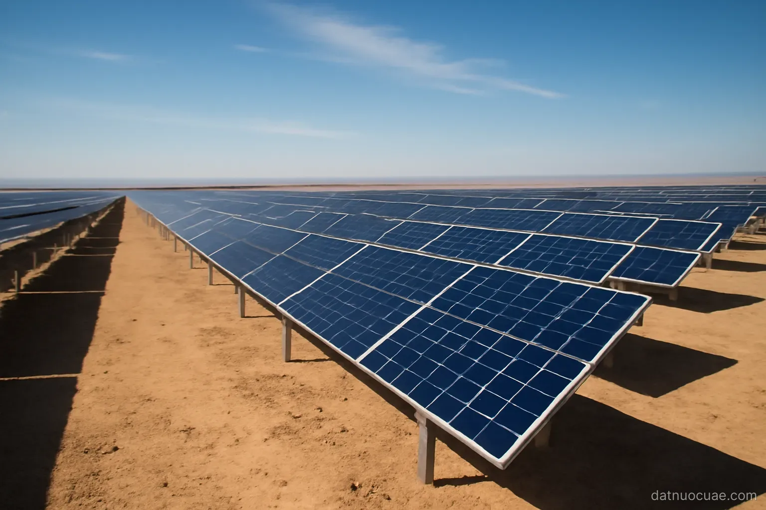 Rows of solar panels stretching across desert ground under bright sky, wide view, no text
