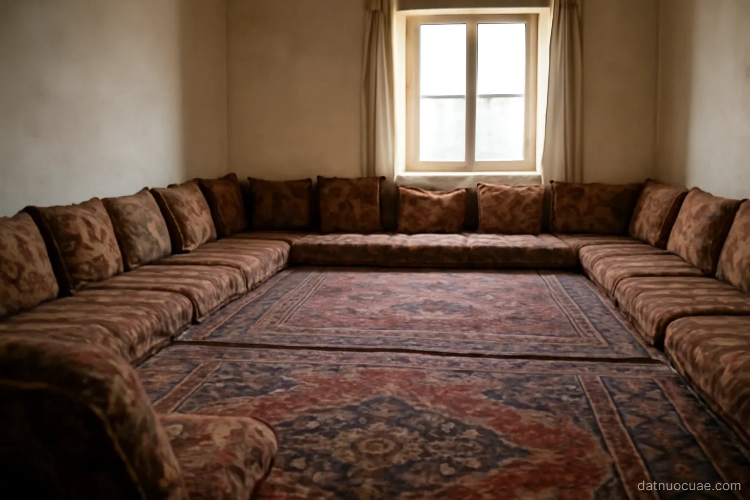 A traditional majlis seating room with cushions along the walls and carpets, interior view, no readable text