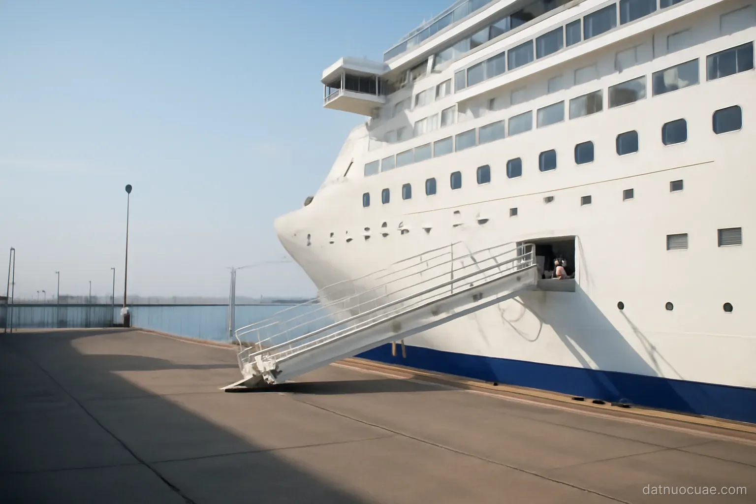 A ship docked at a port terminal with gangway lowered, side view, no readable text