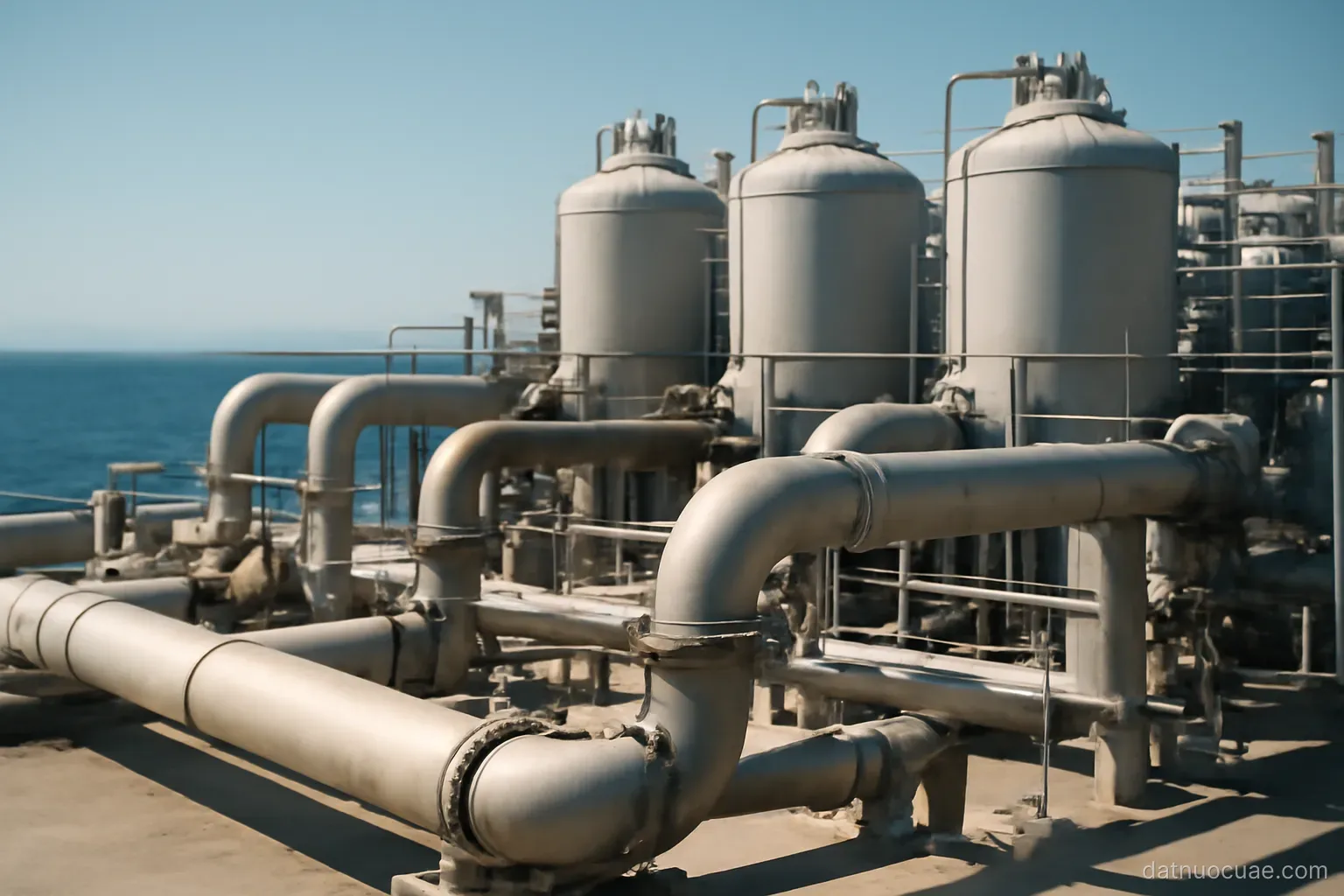 Large industrial pipes and tanks of a water plant beside the sea, wide view, no readable text