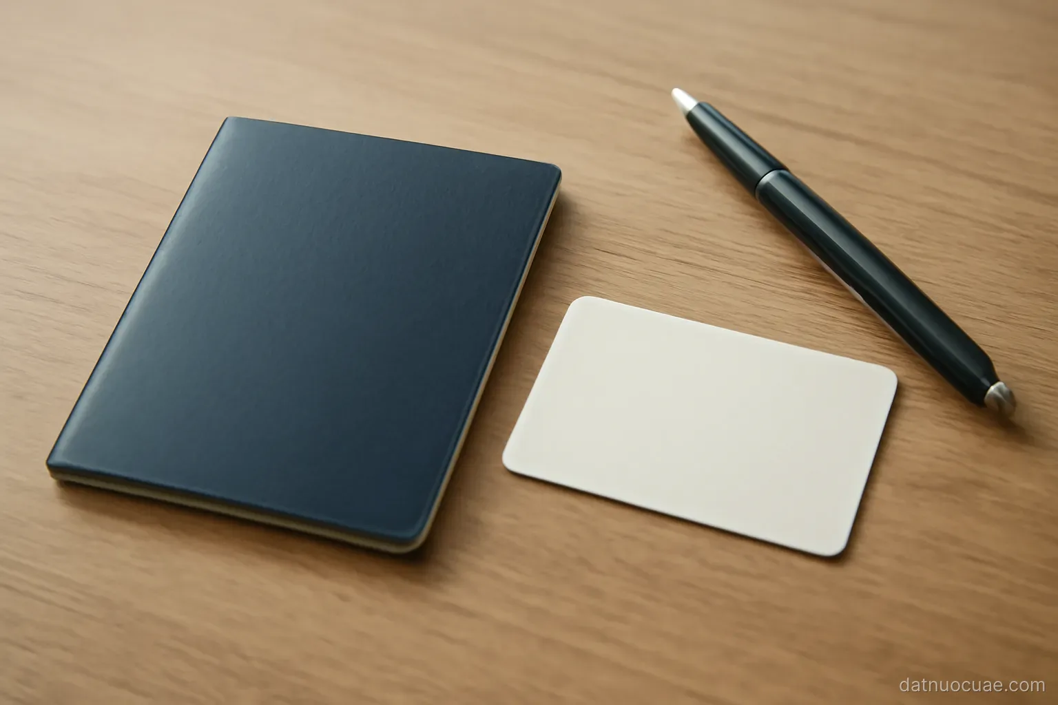 A passport and residence card lying on a desk beside a pen, top-down view, no readable text