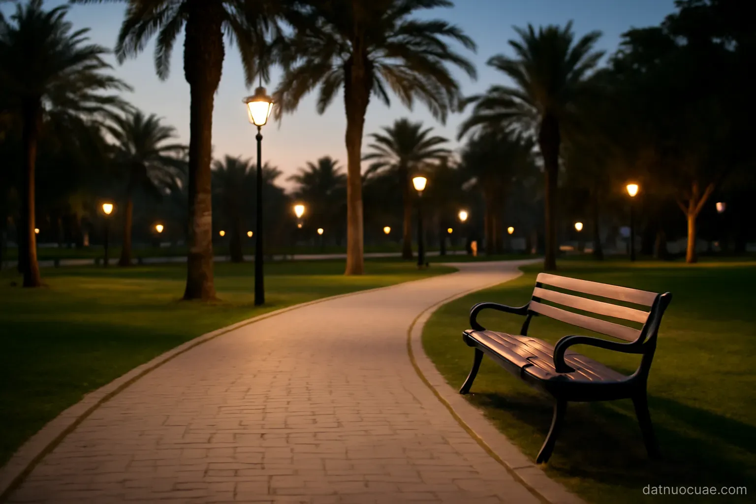A public park walkway with benches and palm trees in the evening, wide view, no readable text