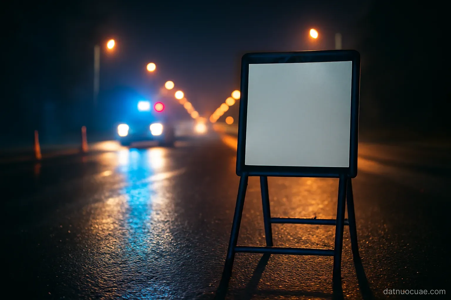 A police checkpoint sign post on a night road with light reflections, no readable text