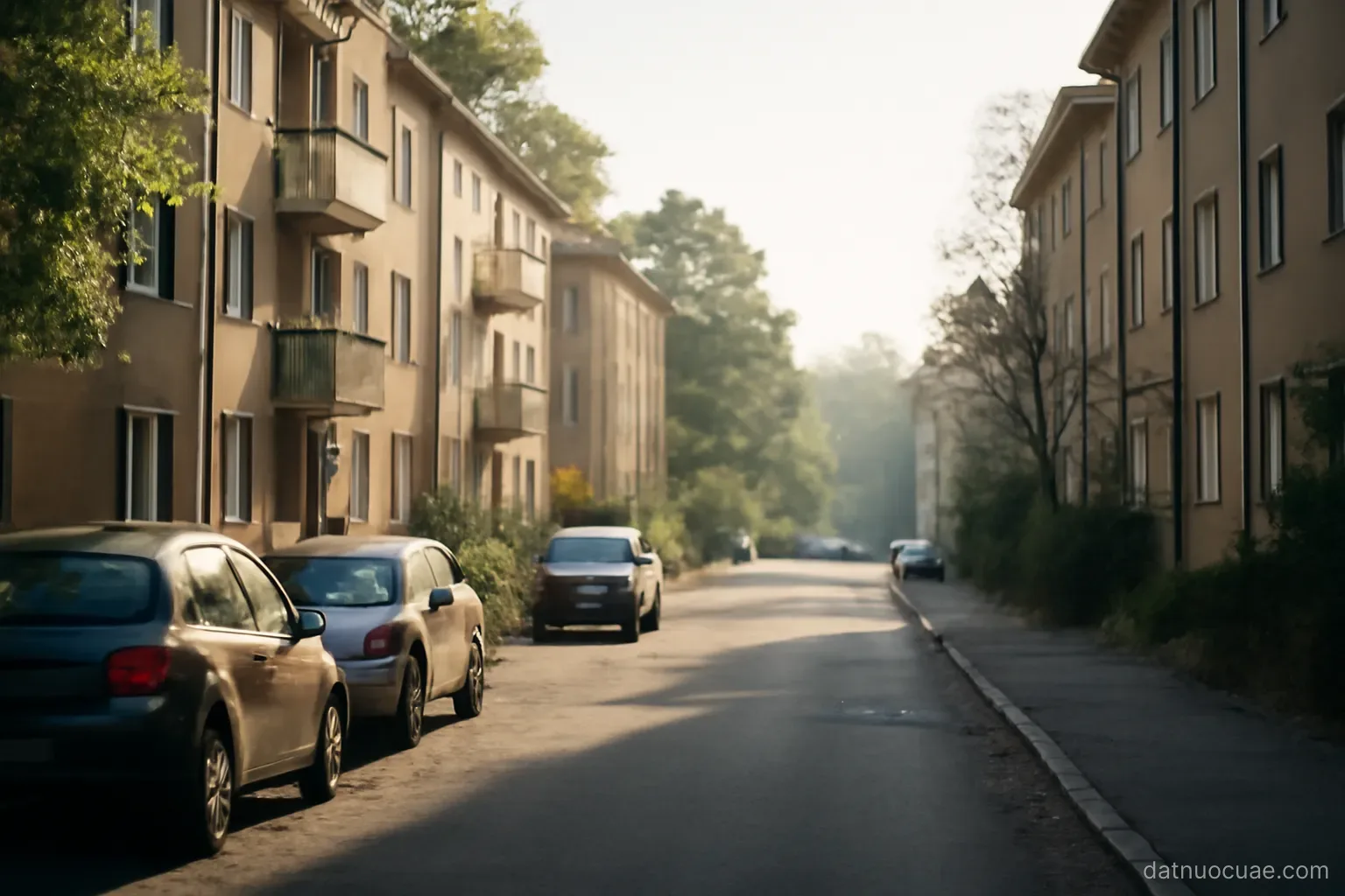 A quiet residential street with low apartment buildings and parked cars, morning light, no readable text