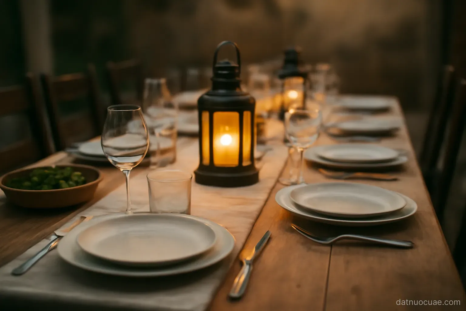 A long table set for a shared evening meal with lanterns, warm light, no readable text