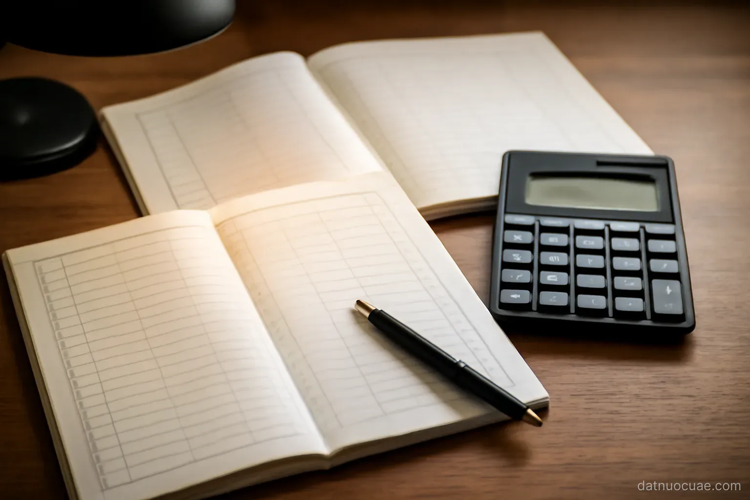 A desk with accounting ledgers, a calculator and a pen under lamp light, top-down view, no readable text