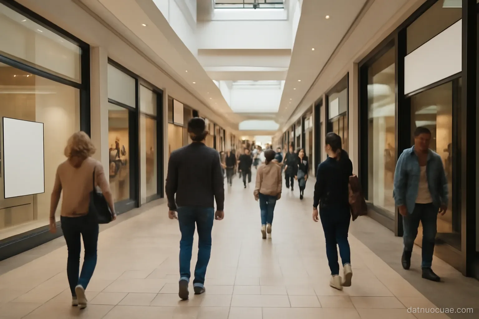 A shopping mall corridor with people walking past storefronts, wide interior view, no readable text
