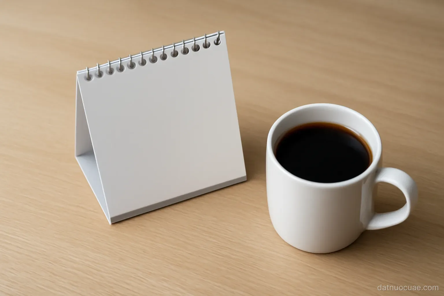 A desk calendar and a coffee cup on an office table, top-down view, no readable text
