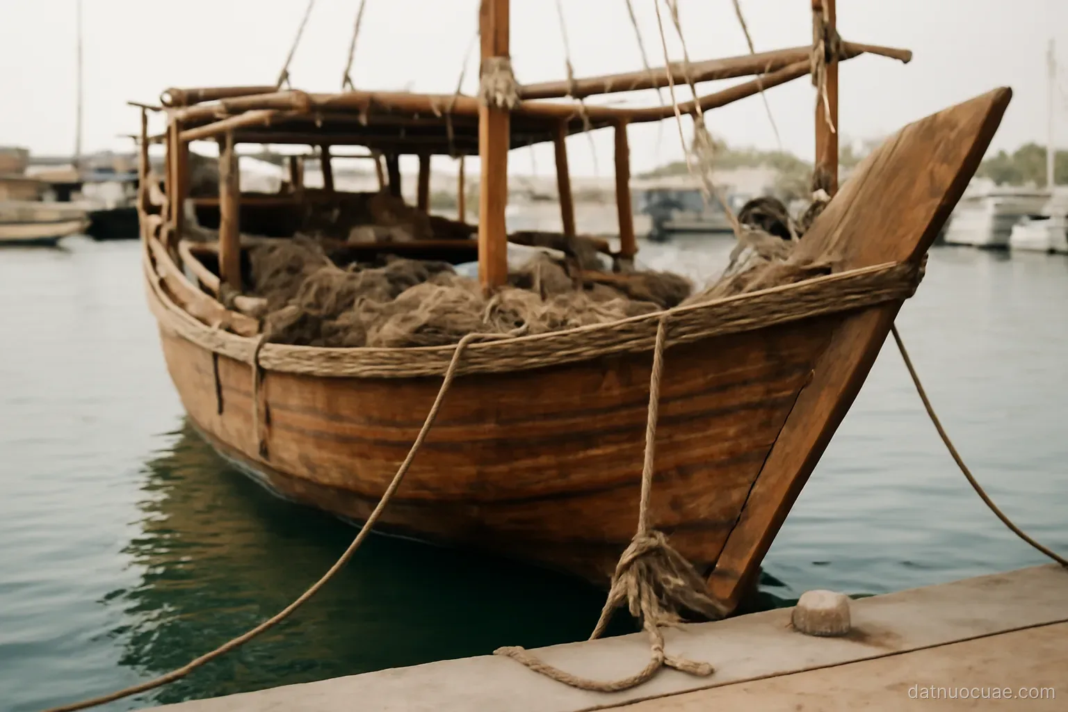 An old wooden dhow boat moored at a harbour with ropes and nets, side view, no text