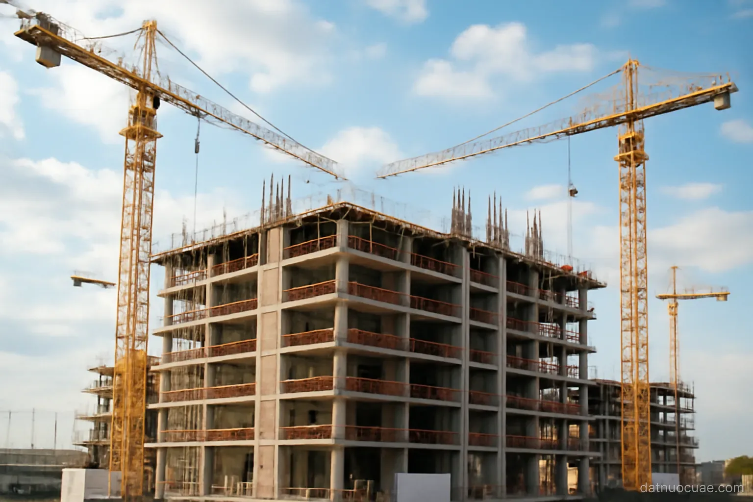 A high-rise construction site with tower cranes against the sky, wide view, no readable text